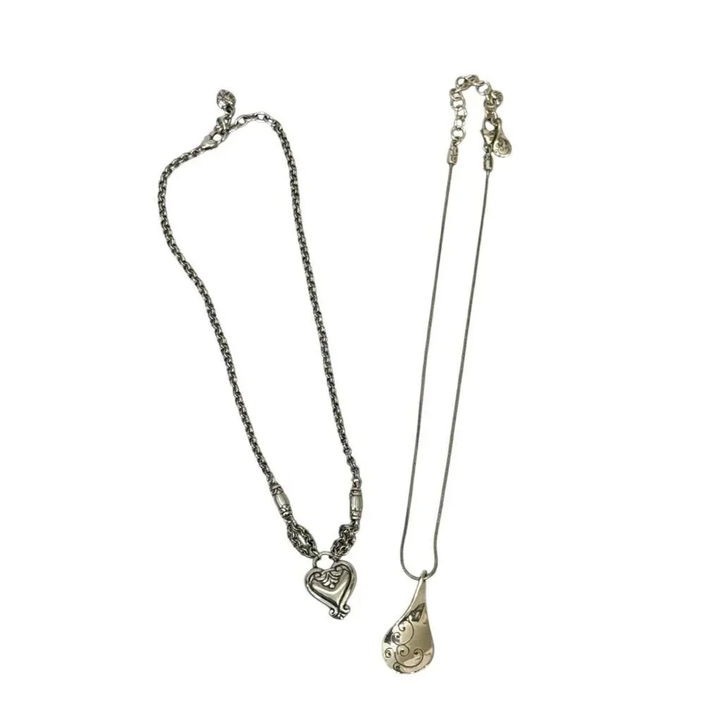 Brighton Silver Toned Twirl & Blaire Heart Necklaces Pendants 2 PC Adjustable